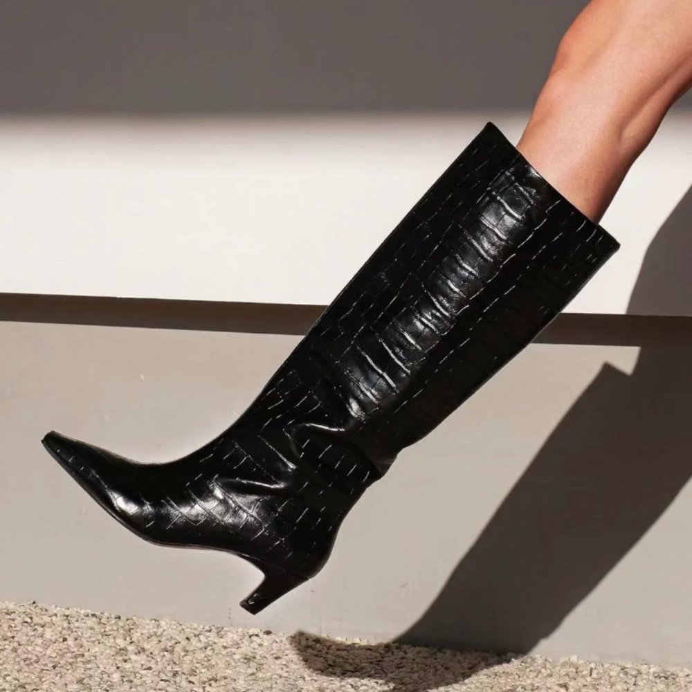 New JDYS Wide Shaft Croco-Print Knee High Leather Boots US 9 / EU 39 (TTS US 8)